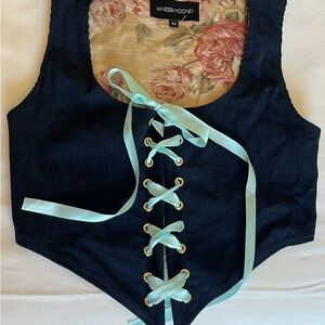 Vanessa Mooney Navy Blue Corset Top with Baby Blue Bow and Floral Lining Size M